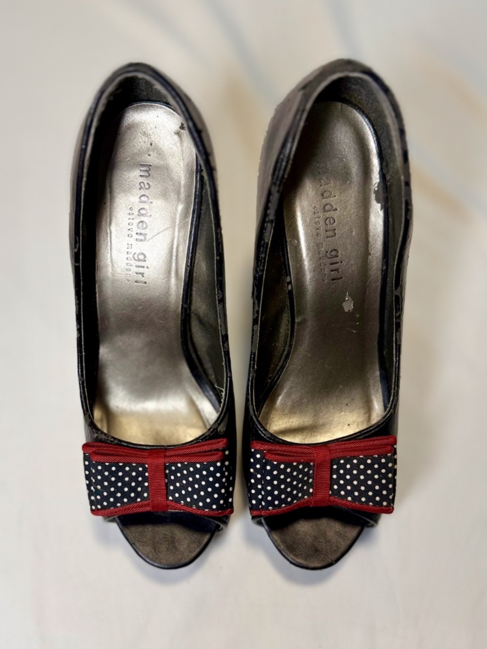 Madden Girl by Steve Madden Black Peep Toe Bow with Polka Dots Heels Size 7